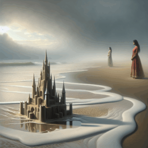 A metaphorical image of a sandcastle on a beach, with a couple in the background watching as the tide comes in, symbolizing fragile relationships and unfulfilled promises in a dreamy, surreal style.