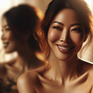 A serene and empowering image of a woman in a peaceful, self-reflective setting, embracing her body with a gentle smile, symbolizing self-exploration and sexual wellness. Soft lighting and warm tones convey a sense of calm and confidence.