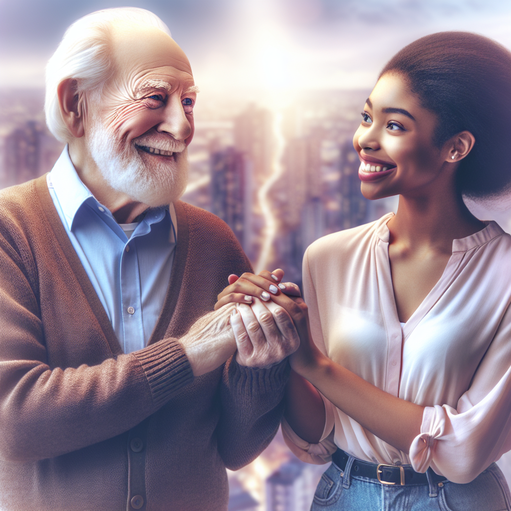 An artistic illustration showing a diverse couple of different ages holding hands and smiling, set against a soft-focused background of a cityscape. The image should convey feelings of love, understanding, and acceptance across generations.