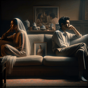 A peaceful, intimate portrayal of a couple sitting back-to-back on a couch, both gazing afar with thoughtful expressions. The room is softly lit, with personal items like a shared photograph, and a sense of emotional distance between them. The atmosphere is contemplative and serene, capturing a moment of realization.