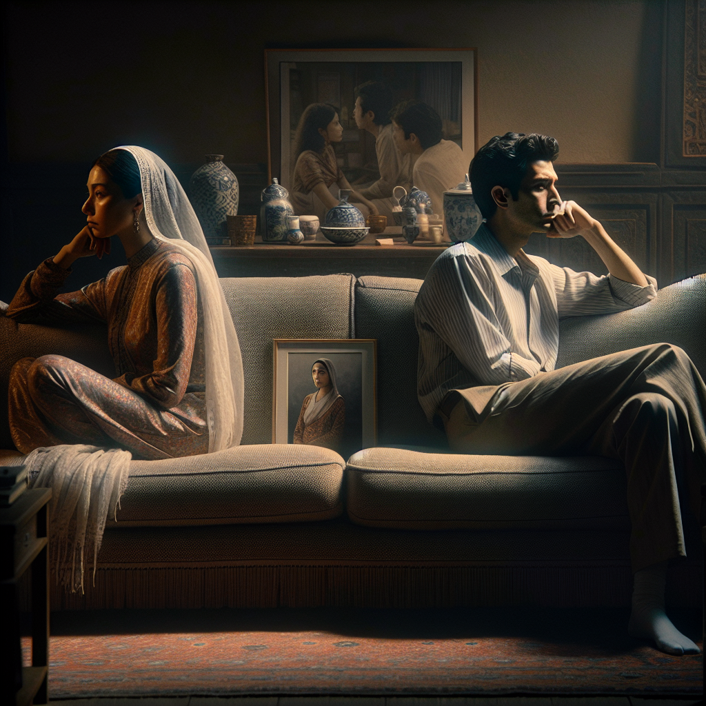 A peaceful, intimate portrayal of a couple sitting back-to-back on a couch, both gazing afar with thoughtful expressions. The room is softly lit, with personal items like a shared photograph, and a sense of emotional distance between them. The atmosphere is contemplative and serene, capturing a moment of realization.