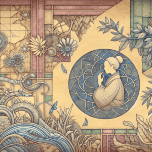 A serene and intimate depiction of a woman embracing her body in a peaceful setting, surrounded by soft colors and natural elements, highlighting a sense of self-discovery and empowerment.