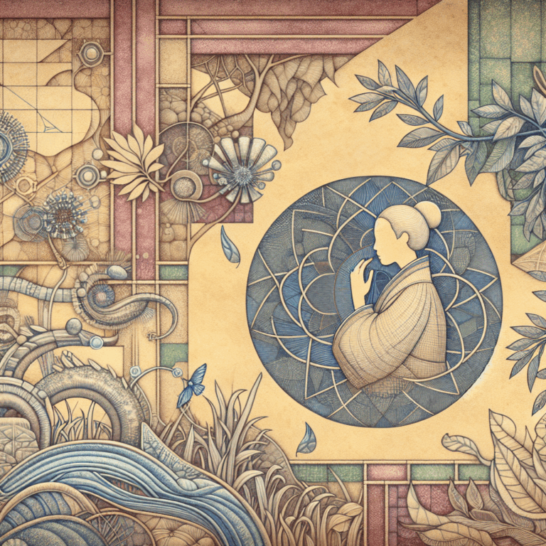 A serene and intimate depiction of a woman embracing her body in a peaceful setting, surrounded by soft colors and natural elements, highlighting a sense of self-discovery and empowerment.