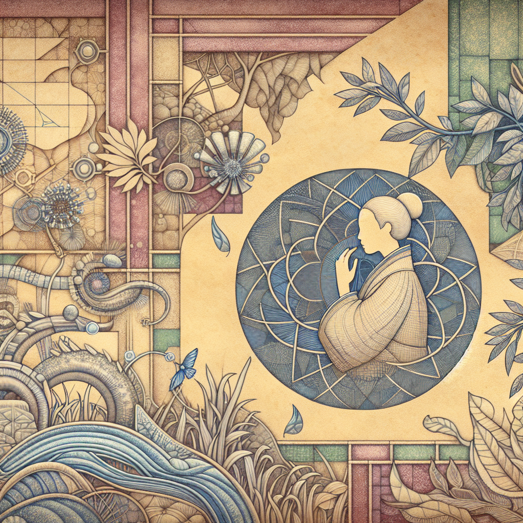 A serene and intimate depiction of a woman embracing her body in a peaceful setting, surrounded by soft colors and natural elements, highlighting a sense of self-discovery and empowerment.
