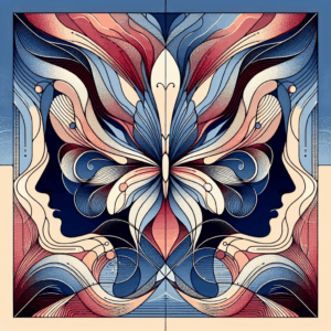 An artistic and sensual illustration depicting the 'Butterfly of Venus' technique, showcasing a subtle blend of elegance and intimacy, focusing on the theme of double stimulation in a tasteful and abstract manner suitable for an educational article on sexual techniques.