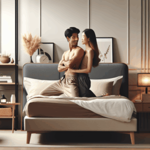 A couple in a modern bedroom, exploring the standing dragon position with one partner leaning on the edge of a bed, depicted in an intimate and tasteful style to convey joy and comfort.