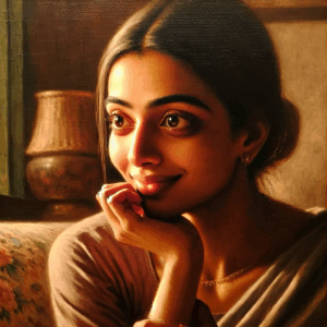 A woman looking affectionately with dilated pupils and a gentle smile, sitting in a cozy and intimate setting, expressing subtle signs of affection.