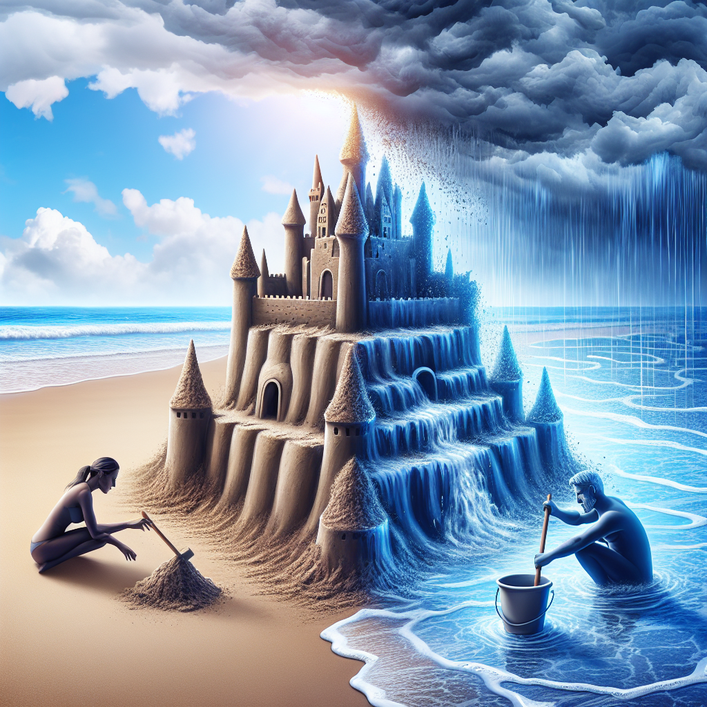Illustration d'un couple sur une plage, construisant un grand château de sable qui semble beau mais commence à s'effondrer sous la pression de l'eau, symbolisant les promesses non tenues dans les relations.