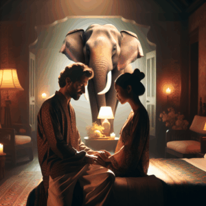 A romantically lit bedroom scene featuring an intimate couple. The focus is on their connection, inspired by the elephant position. The setting is cozy, with soft light highlighting their forms, creating an atmosphere of warmth and connection.