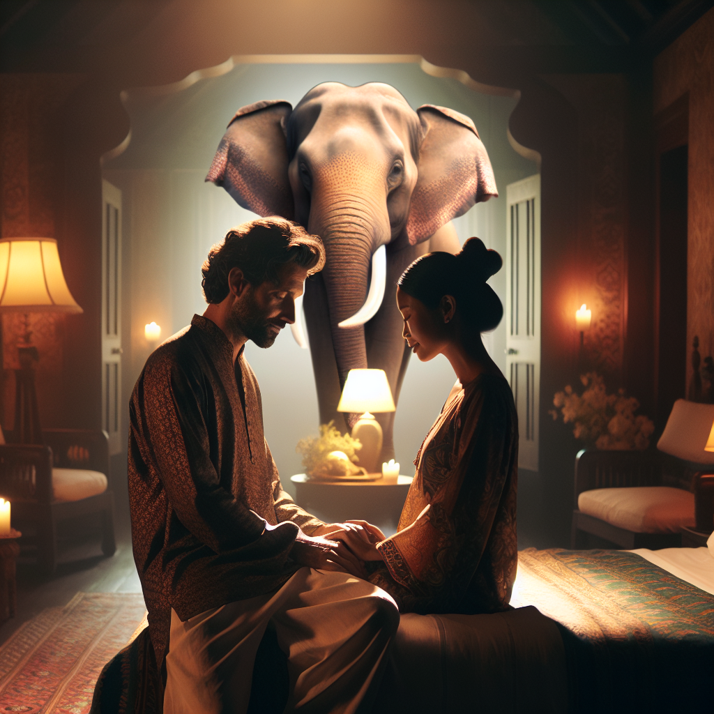 A romantically lit bedroom scene featuring an intimate couple. The focus is on their connection, inspired by the elephant position. The setting is cozy, with soft light highlighting their forms, creating an atmosphere of warmth and connection.