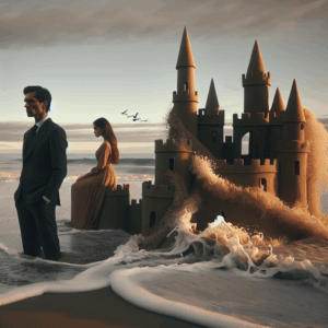 A symbolic image of a sandcastle being washed away by waves, representing fragile relationships and unkept promises in a romantic setting, with a couple in the background looking contemplative.