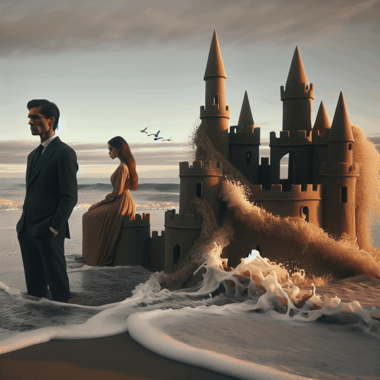 A symbolic image of a sandcastle being washed away by waves, representing fragile relationships and unkept promises in a romantic setting, with a couple in the background looking contemplative.