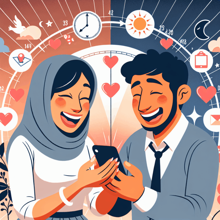 Un couple souriant, échangeant des messages sur leurs téléphones, entouré d'éléments symboliques comme des cœurs et des fleurs, avec un fond illustratif représentant des moments de la journée, comme le matin et le soir.