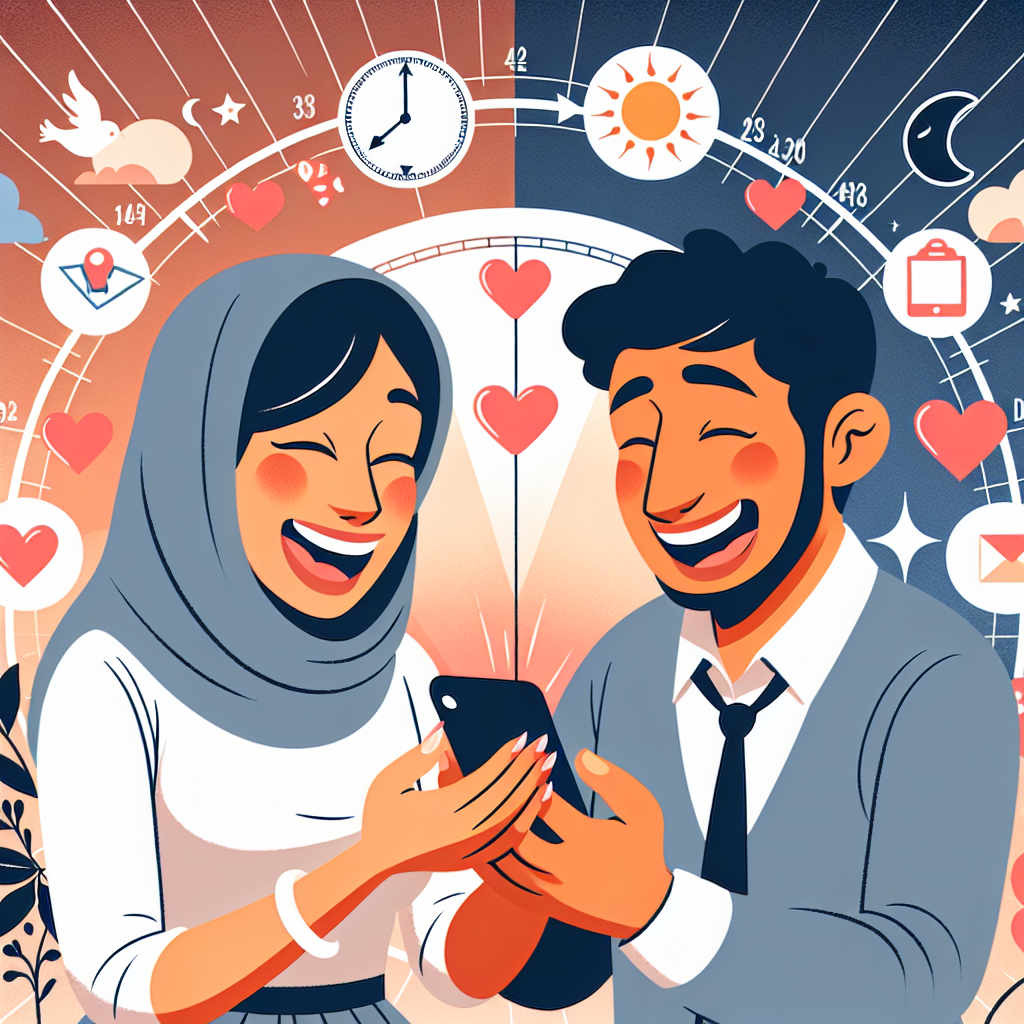 Un couple souriant, échangeant des messages sur leurs téléphones, entouré d'éléments symboliques comme des cœurs et des fleurs, avec un fond illustratif représentant des moments de la journée, comme le matin et le soir.