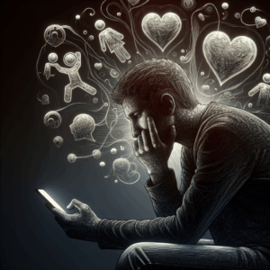 A worried person sitting with a phone in hand, contemplating the idea of infidelity, with shadows symbolizing uncertainty and relationship symbols floating around.
