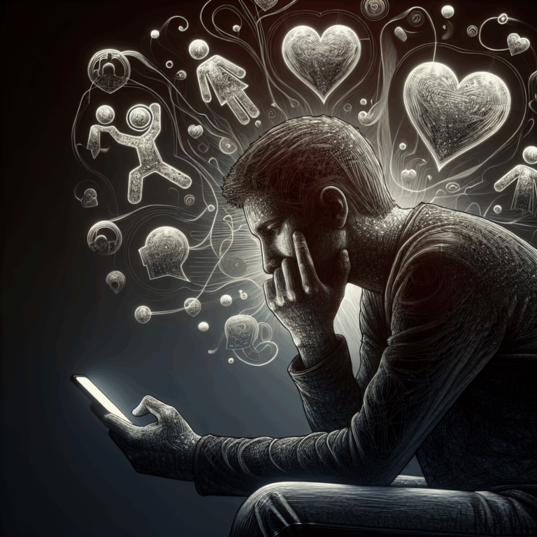 A worried person sitting with a phone in hand, contemplating the idea of infidelity, with shadows symbolizing uncertainty and relationship symbols floating around.