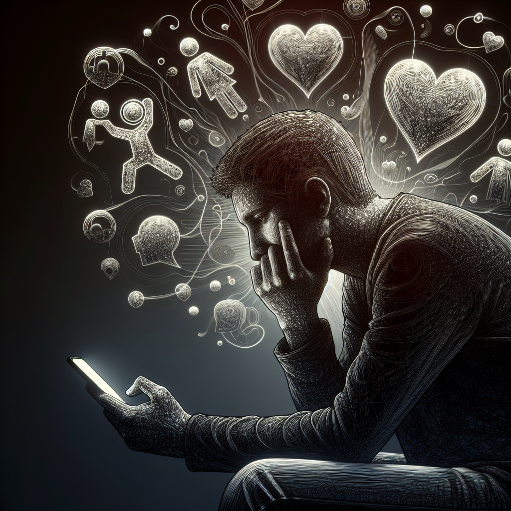 A worried person sitting with a phone in hand, contemplating the idea of infidelity, with shadows symbolizing uncertainty and relationship symbols floating around.