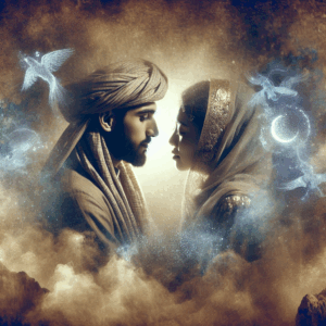 A sensual artistic illustration of a couple in an intimate setting, engaging in the ancient practice of the Singapore Kiss. The focus is on the connection and subtle energy between the partners, with a soft, mystical atmosphere suggesting history and tradition.