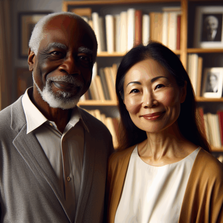 A diverse couple with a significant age difference, standing together confidently with smiles, in a warmly lit room filled with books and photographs, symbolizing shared interests and memories.