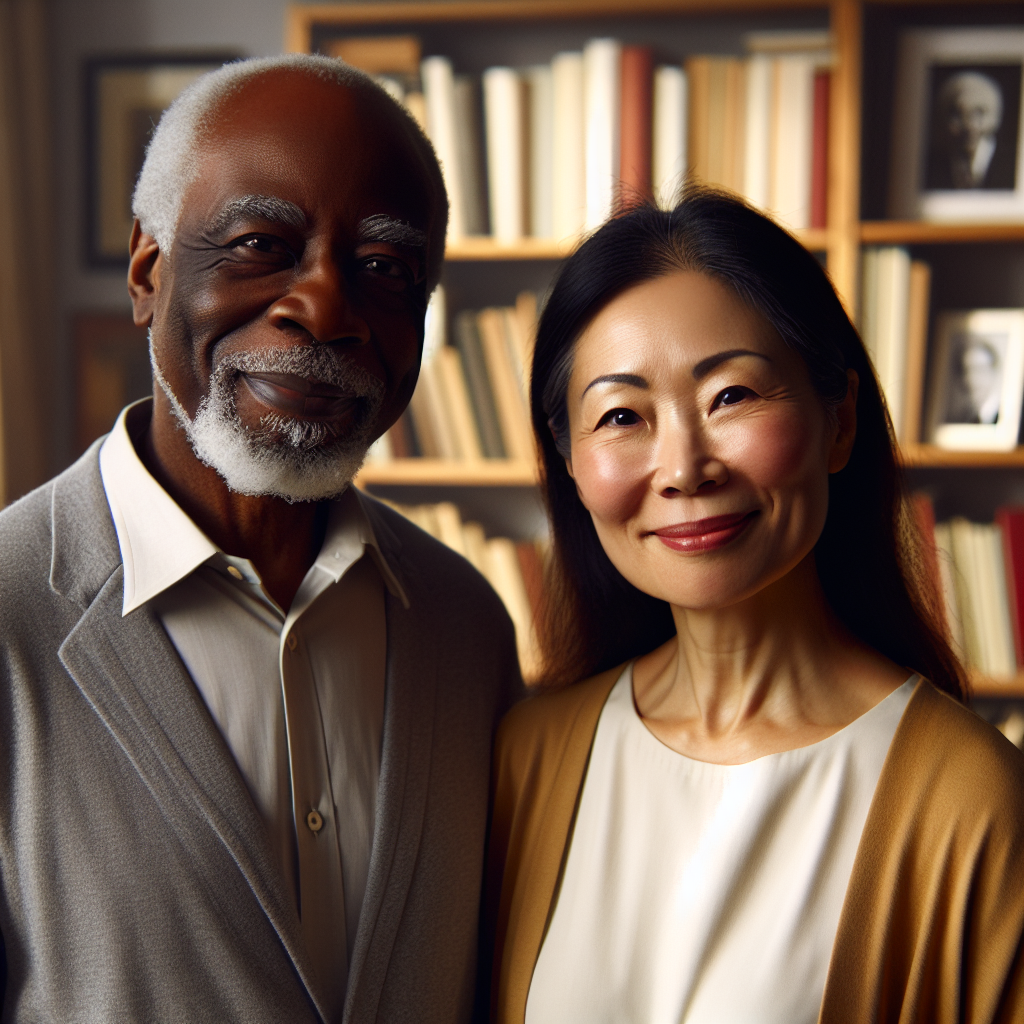 A diverse couple with a significant age difference, standing together confidently with smiles, in a warmly lit room filled with books and photographs, symbolizing shared interests and memories.