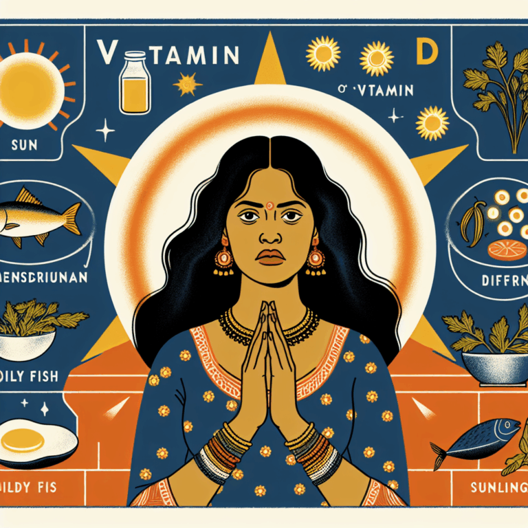 An informative illustration depicting a woman experiencing menstrual symptoms with a representation of vitamin D icons, sunlight, and food sources like fish and eggs around her.