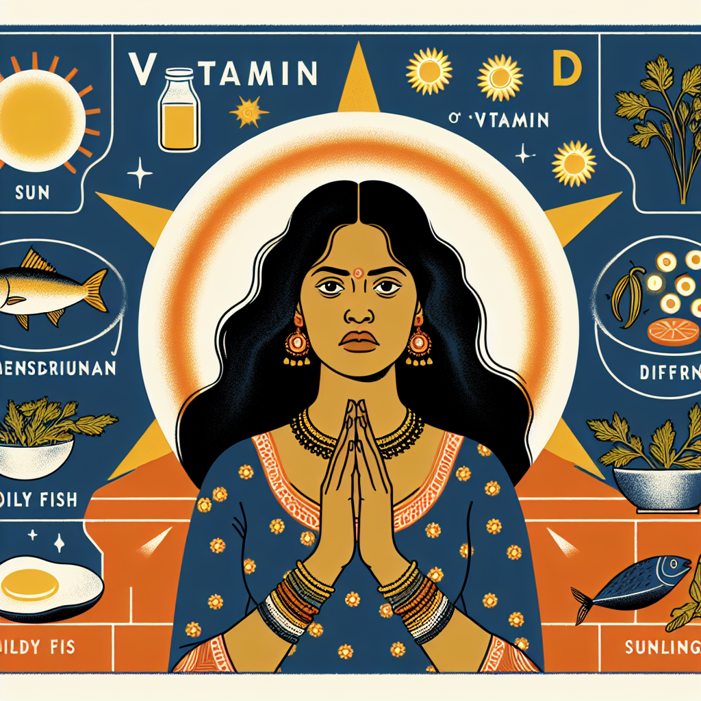 An informative illustration depicting a woman experiencing menstrual symptoms with a representation of vitamin D icons, sunlight, and food sources like fish and eggs around her.