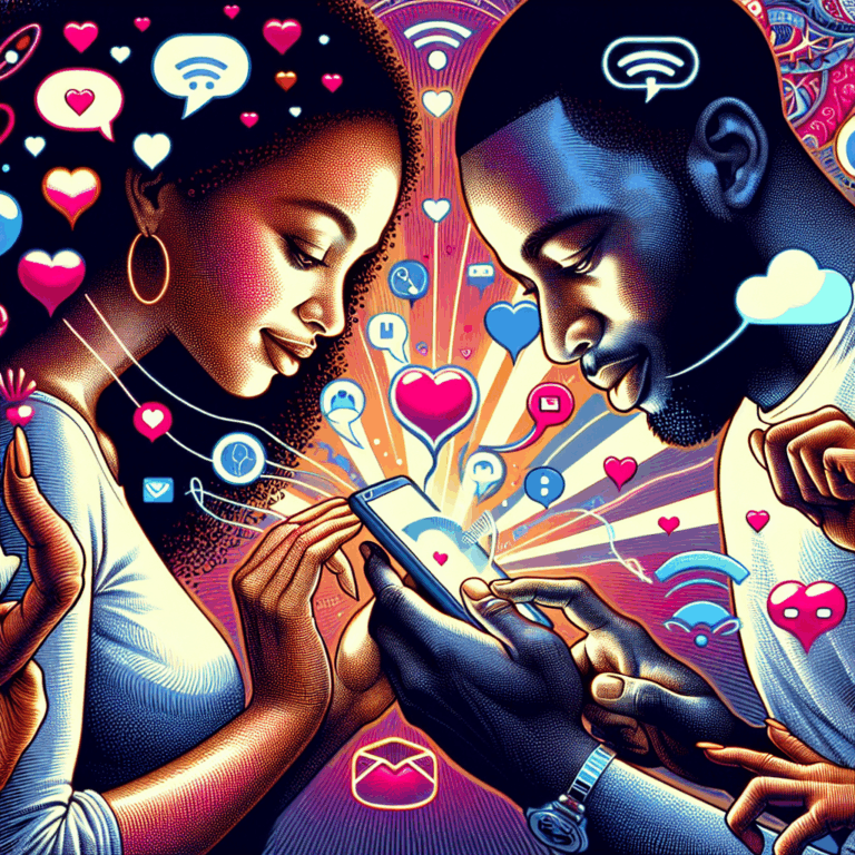 A vibrant and romantic illustration of a diverse couple using a smartphone together with icons symbolizing love and communication emerging from the screen, depicting a harmonious and modern relationship enhanced by technology.