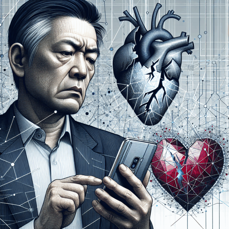 A digital illustration of a person holding a smartphone, with an image of a broken heart on the screen, symbolizing relationship issues and digital infidelity. Background includes abstract elements representing internet networks and digital data.