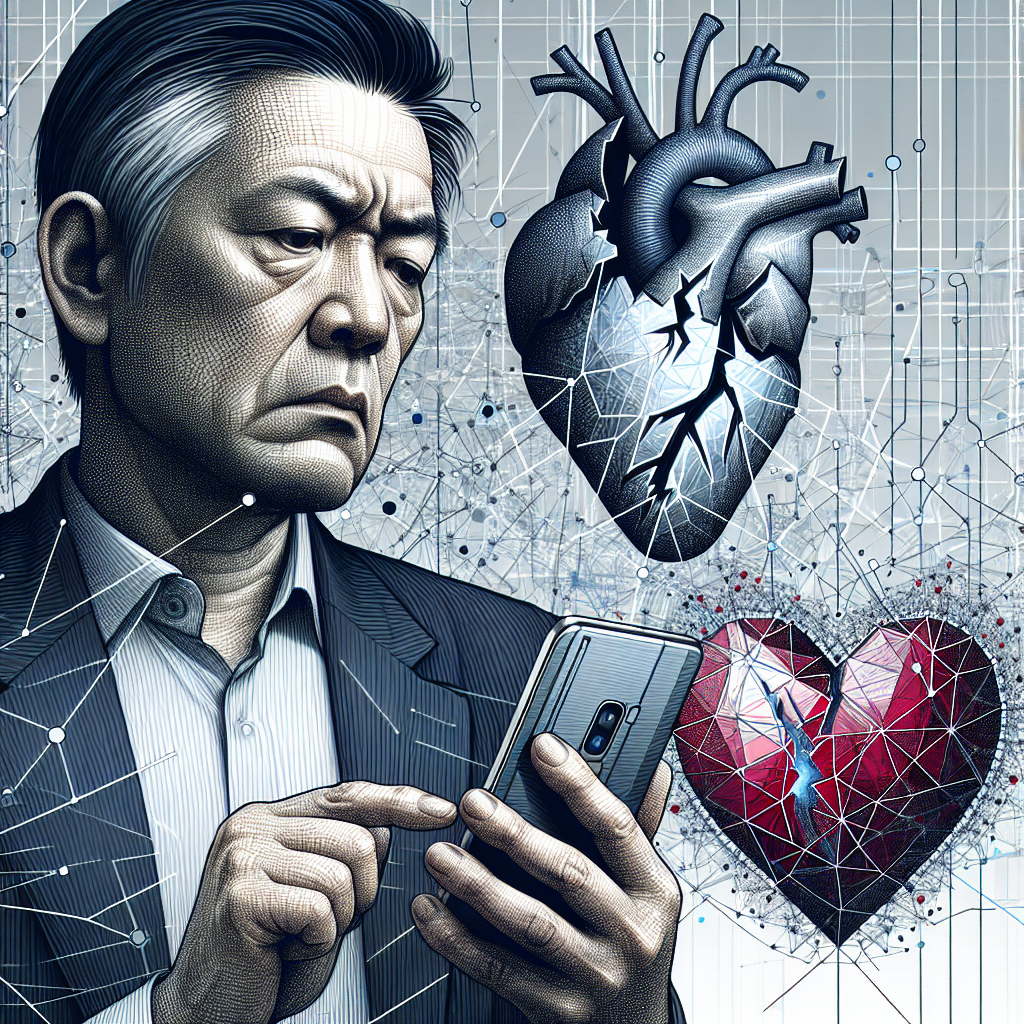 A digital illustration of a person holding a smartphone, with an image of a broken heart on the screen, symbolizing relationship issues and digital infidelity. Background includes abstract elements representing internet networks and digital data.
