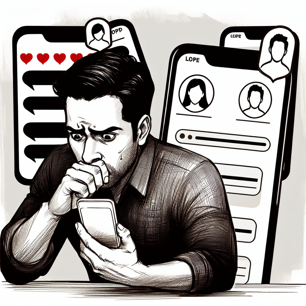 An illustration of a worried person looking at their phone, suspecting infidelity, with Tinder app icons in the background.