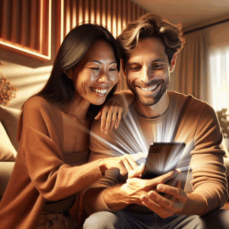 A loving couple happily using a smartphone together in a cozy home environment. The focus is on their joyful expressions as they explore a couple's app. Warm lighting, comfortable setting, depicting a harmonious relationship enhanced by technology.