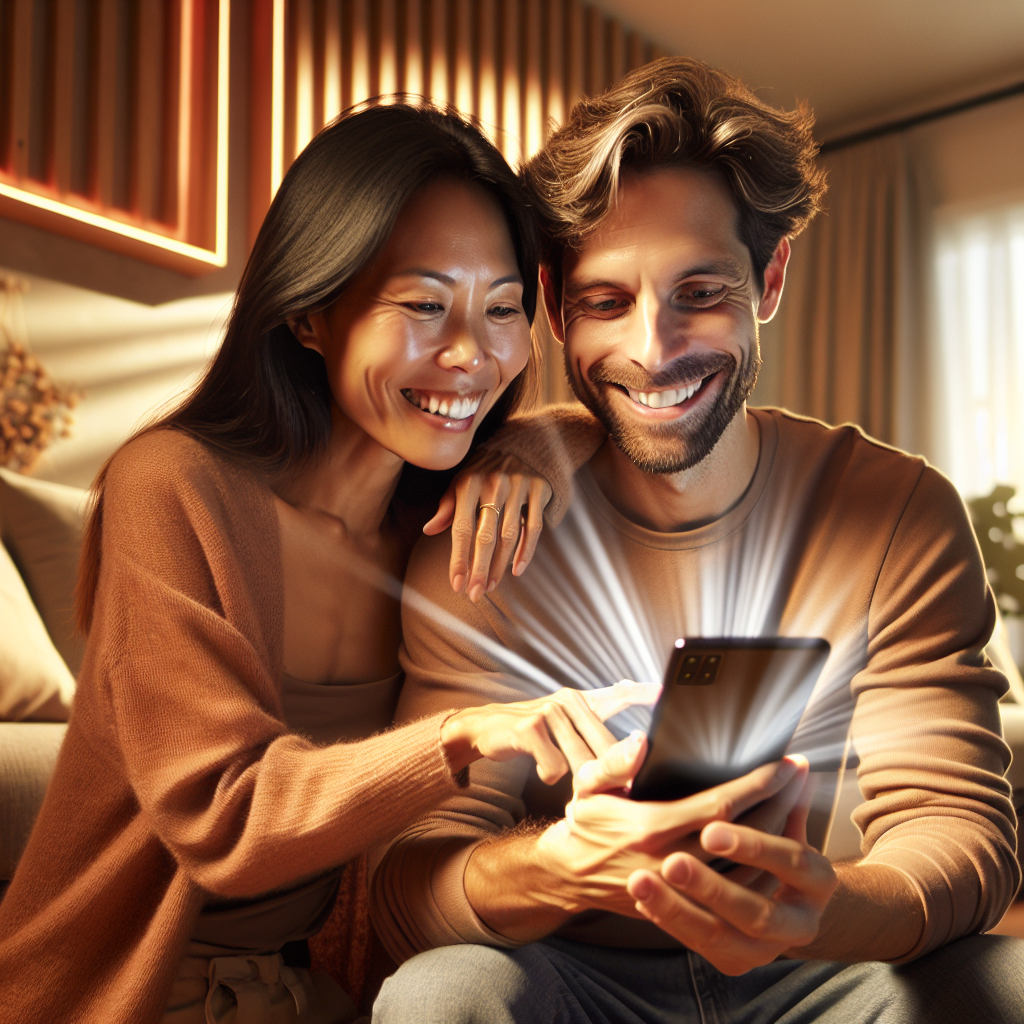 A loving couple happily using a smartphone together in a cozy home environment. The focus is on their joyful expressions as they explore a couple's app. Warm lighting, comfortable setting, depicting a harmonious relationship enhanced by technology.