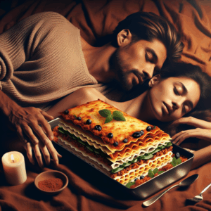 A couple lying intimately on their stomachs, with soft lighting and warm colors to evoke a sense of tenderness and passion, inspired by the layers of a lasagna dish.