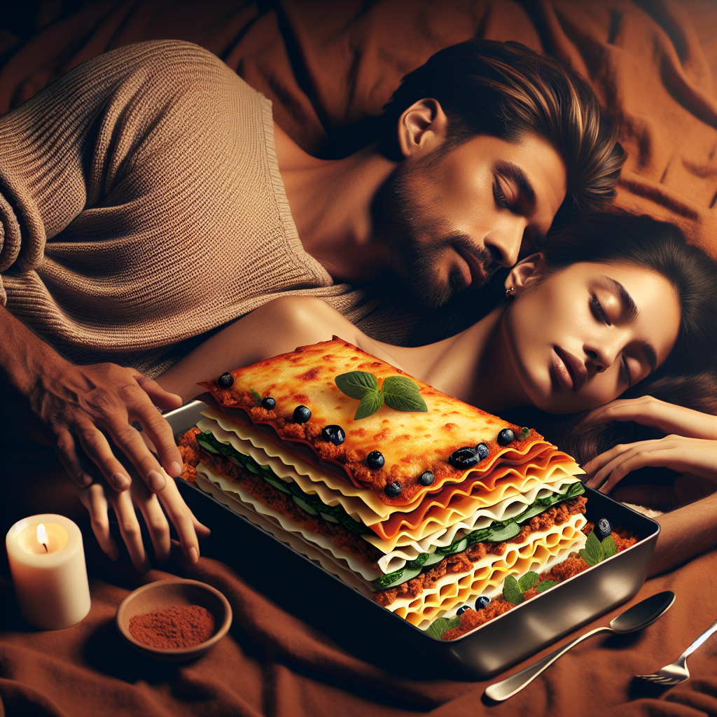 A couple lying intimately on their stomachs, with soft lighting and warm colors to evoke a sense of tenderness and passion, inspired by the layers of a lasagna dish.