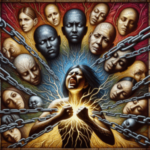 A conceptual image of a person breaking free from chains symbolizing psychological manipulation, with a background depicting diverse emotional expressions and phrases intertwined.