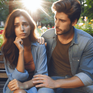 A thoughtful couple sitting together on a park bench, where one partner looks concerned and the other is trying to reassure them. They are surrounded by a calm, sunny environment with blooming flowers.