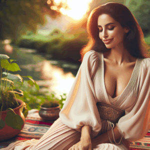A woman in a peaceful and serene setting, embracing her femininity and sensuality with a subtle glow around her, symbolizing self-discovery and empowerment.