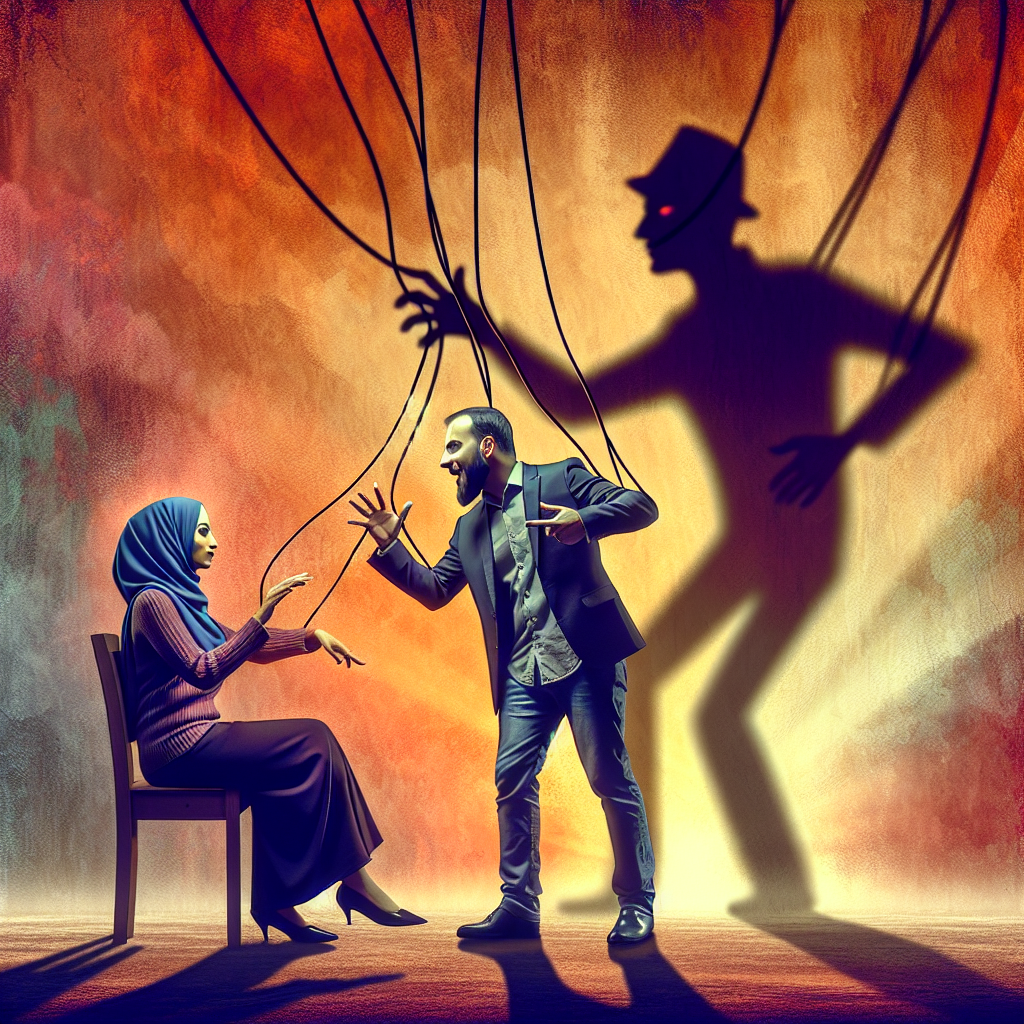 An image depicting a couple in a tense discussion with a shadow of manipulation in the background, one partner speaking with exaggerated compliments while the other appears confused and hopeful.