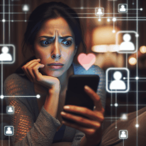 A perplexed individual peeking over their phone displaying the Tinder app, surrounded by digital data symbols, in a thoughtful, intimate setting.