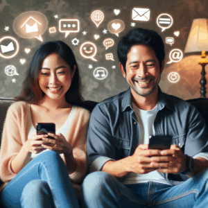 A couple happily using mobile applications together, sitting cozily on a sofa, with icons of different apps floating around them, symbolizing communication and relationship building.