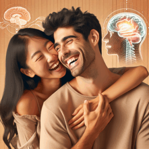 A couple playfully biting each other, smiling and laughing, capturing a moment of affection and playfulness, with a scientific illustration of a brain in the background to symbolize the neurological aspect, in a warm and loving atmosphere.