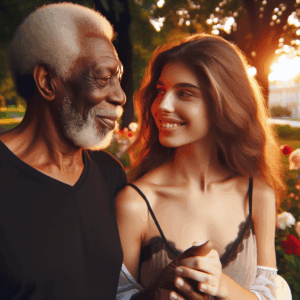 A loving couple with a significant age difference walking hand in hand in a beautiful park, smiling and looking at each other, surrounded by soft golden light of sunset, with blooming flowers in the background symbolizing blooming love.