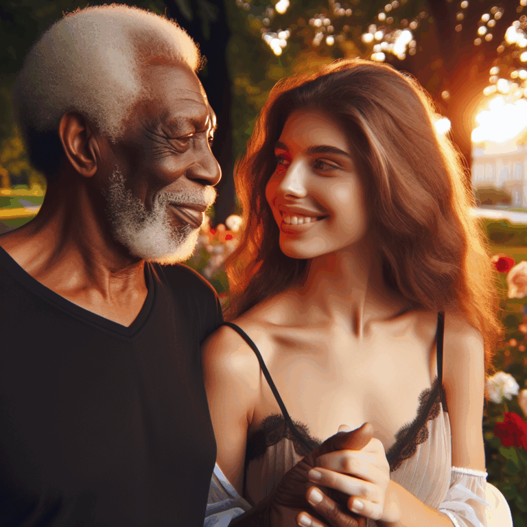 A loving couple with a significant age difference walking hand in hand in a beautiful park, smiling and looking at each other, surrounded by soft golden light of sunset, with blooming flowers in the background symbolizing blooming love.
