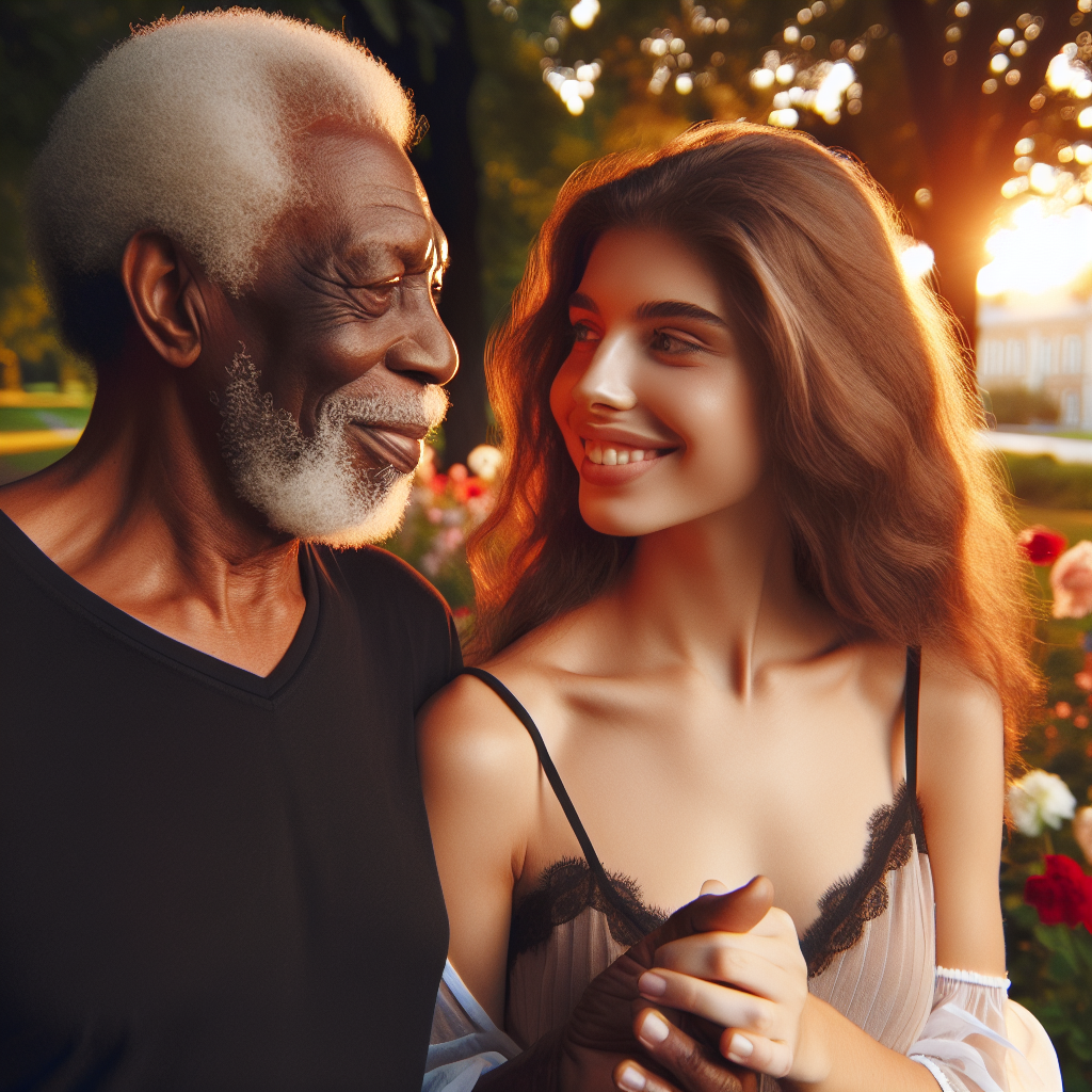 A loving couple with a significant age difference walking hand in hand in a beautiful park, smiling and looking at each other, surrounded by soft golden light of sunset, with blooming flowers in the background symbolizing blooming love.