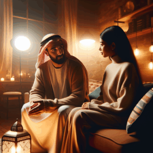 A calm and harmonious couple having a discussion in a cozy living room, surrounded by soft lighting and warm tones, illustrating understanding and communication.