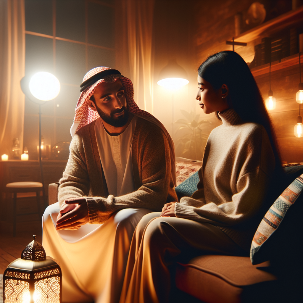 A calm and harmonious couple having a discussion in a cozy living room, surrounded by soft lighting and warm tones, illustrating understanding and communication.
