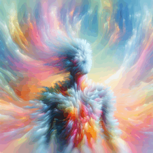 An abstract illustration of the concept of 'gooning', depicting a human form in soft focus with vibrant, swirling colors to represent the state of euphoric trance, against a soft, calming backdrop.