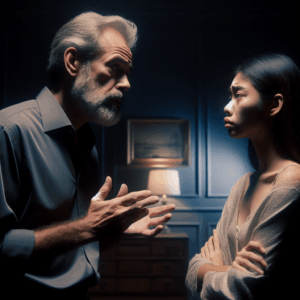 A couple in a tense relationship, with one partner giving insincere compliments while the other looks confused and hurt, set in a dimly lit room symbolizing emotional turmoil.