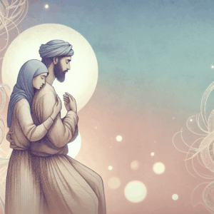 A detailed illustration showing a couple in an intimate embrace, symbolizing deep connection and exploration. The background suggests a serene and safe atmosphere, with gentle colors and soft lighting to convey a sense of openness and intimacy.