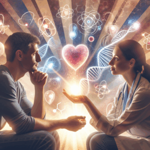 A thoughtful couple reuniting, surrounded by scientific symbols and heart illustrations, in a warm and hopeful atmosphere.